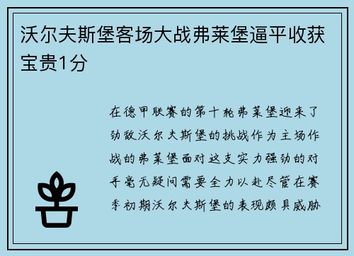 沃尔夫斯堡客场大战弗莱堡逼平收获宝贵1分